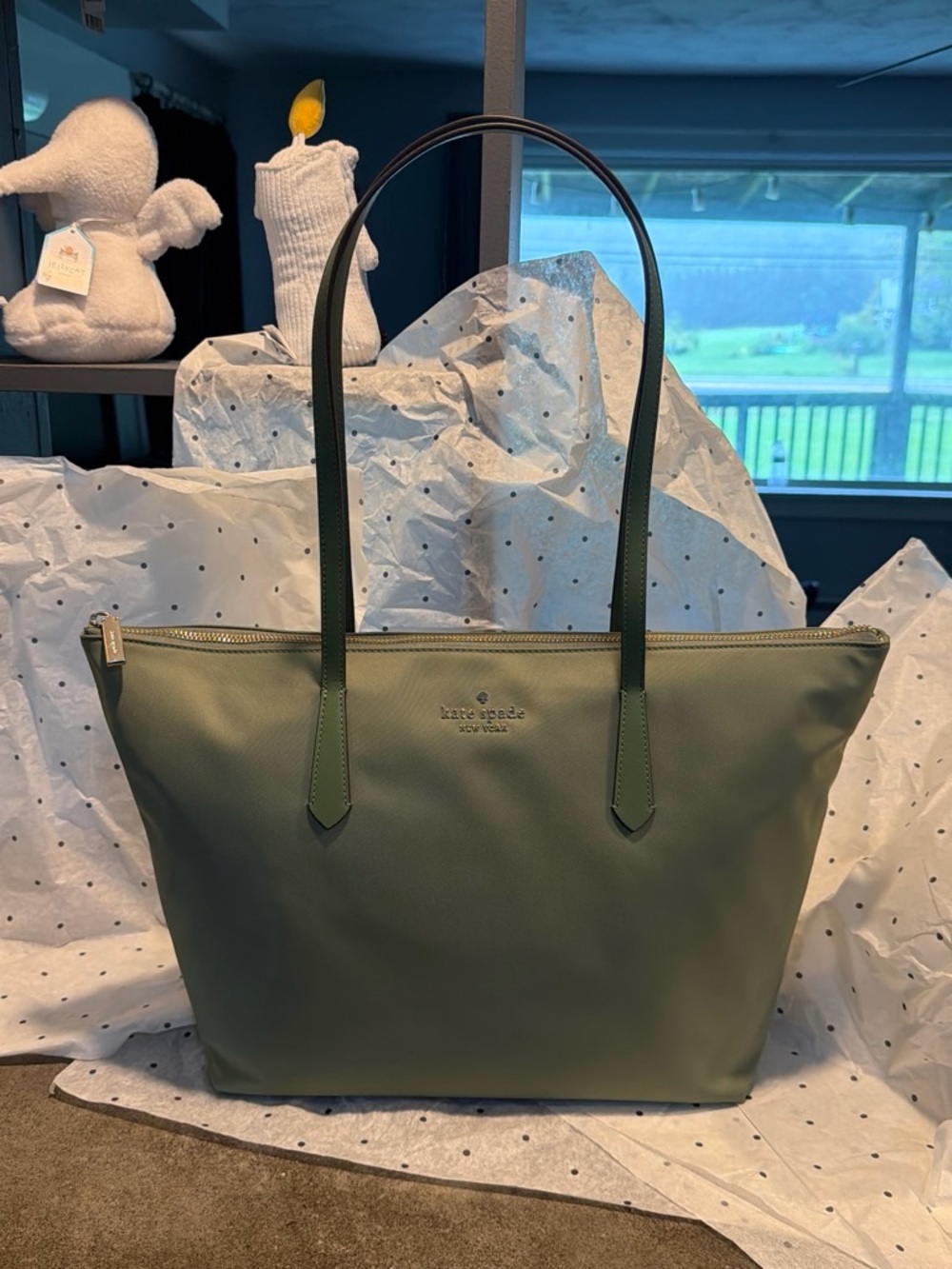 kate spade olive tote with dark green straps
